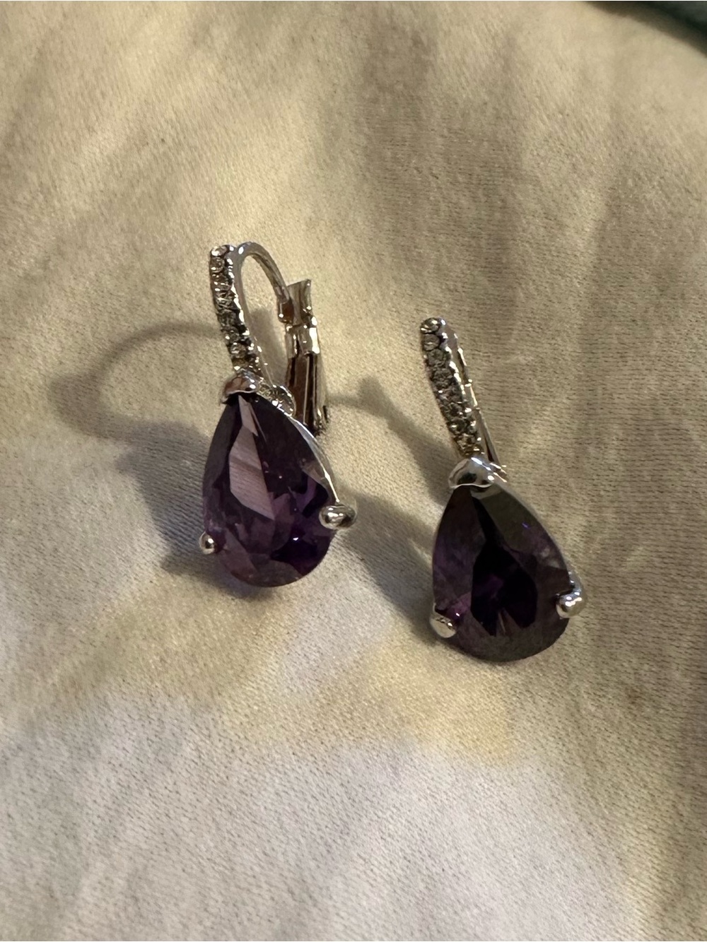 Purple Teardrop Gemstone Earrings Silver Tone Leverback Dangle Amethyst Style